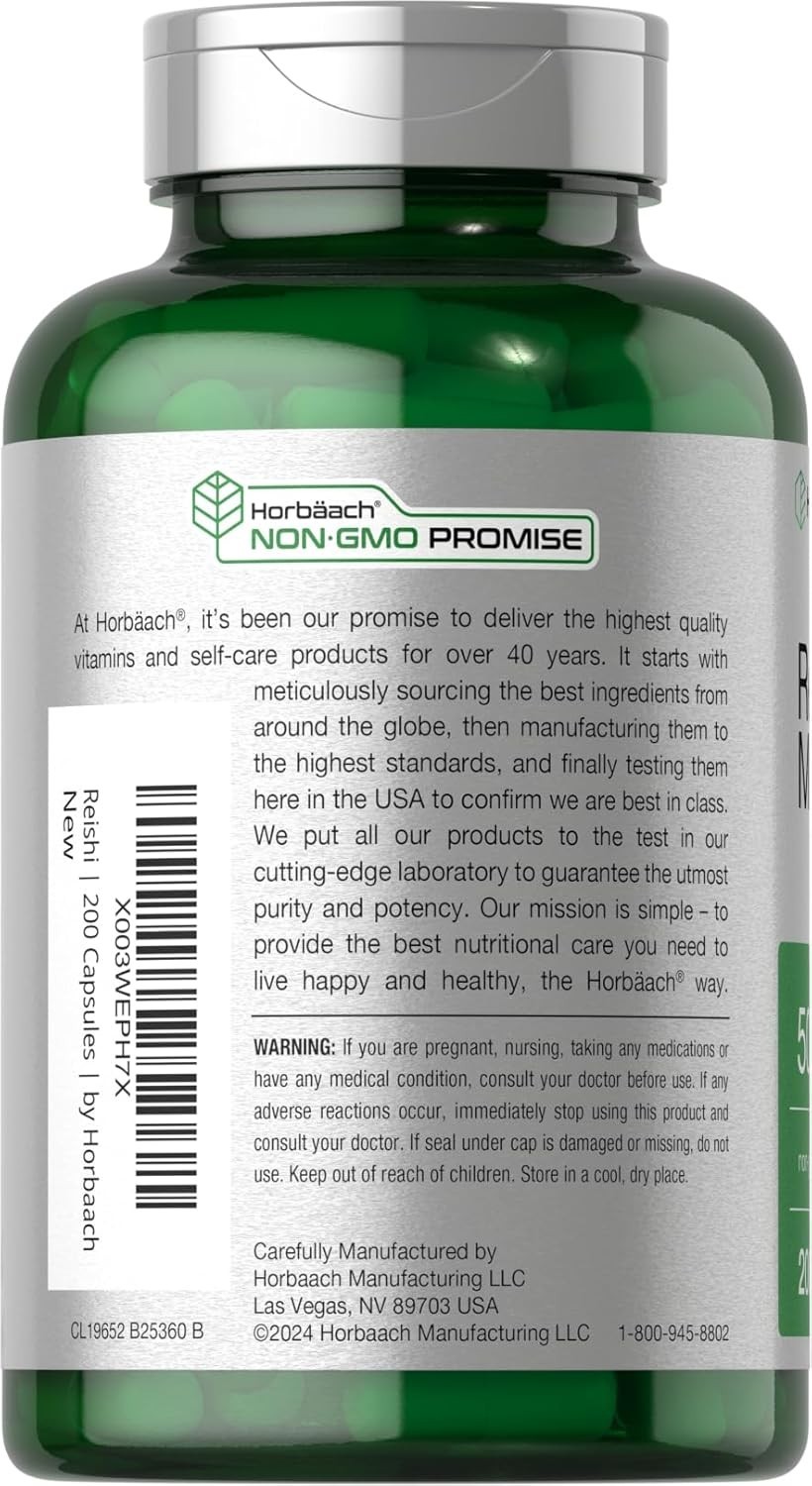 Horbäach Reishi Mushroom Capsules 5000mg 200 Count Caps ~ Exp 11/28