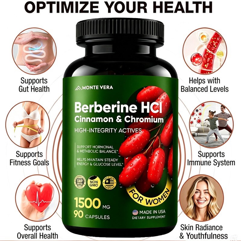 Berberine HCI 1500mg with Chromium Cinnamon Vegan Non-GMO Supplement 90 Capsules