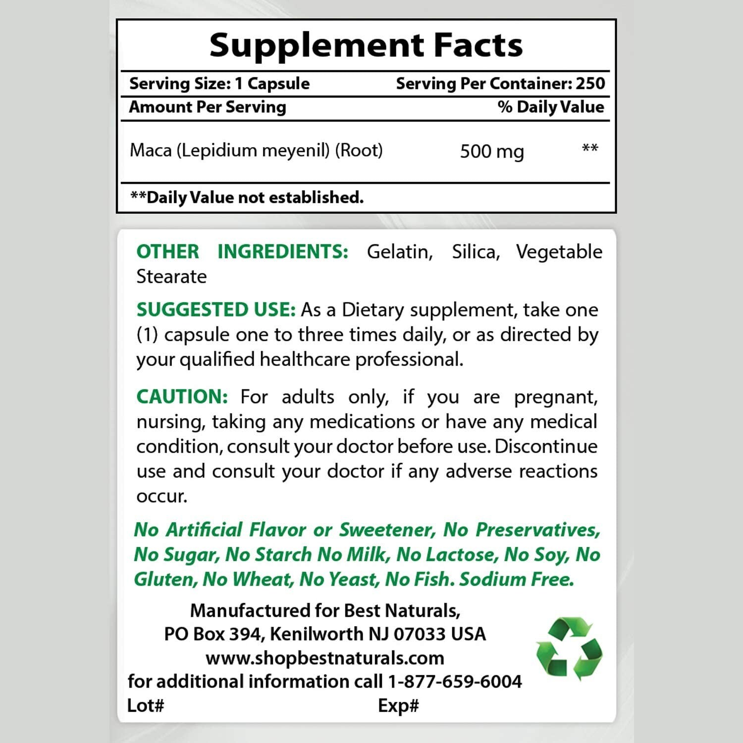 Best Naturals Maca Root 500 mg for men 250 Capsules