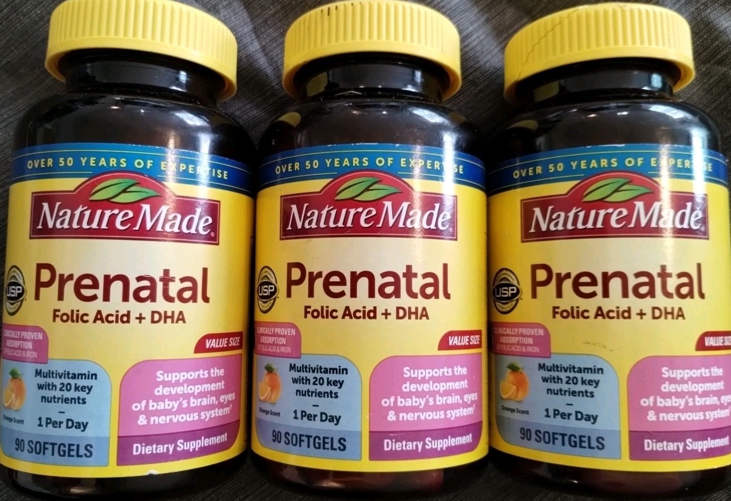 (3) Nature Made Prenatal Multivitamin + DHA+ Folic Acid 90 Softgels Each -11/27