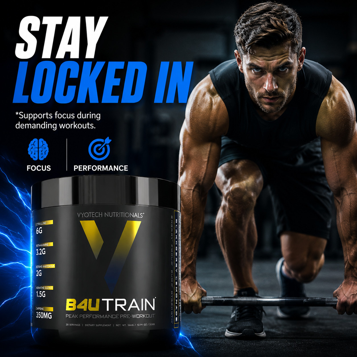 Pre-Workout Muscle Pumps Focus Recovery Energy Endurance B4UTRAIN by Vyotech