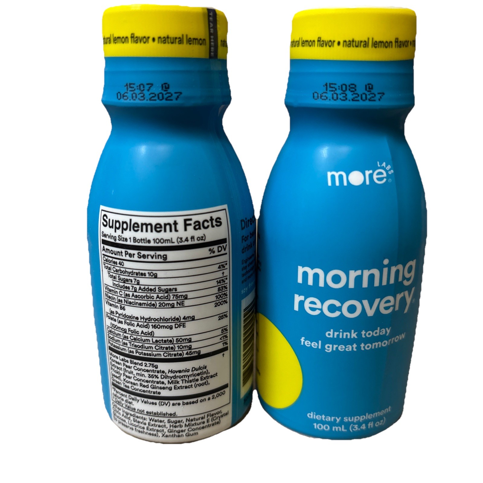 2Pk More Labs Morning Recovery Drink Supplement, Lemon, 3.4 OZ Each Exp 6/2027