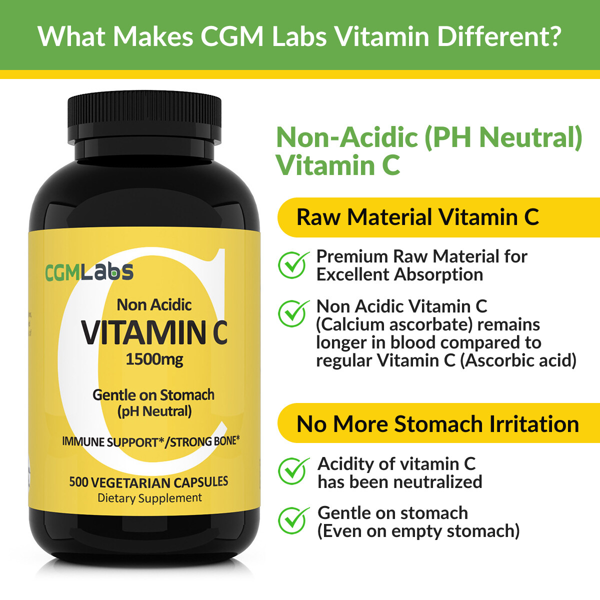 CGM Labs -MEGA Size Vitamin C 1500mg – Non Acidic, PH Neutral, Gentle on Stomach