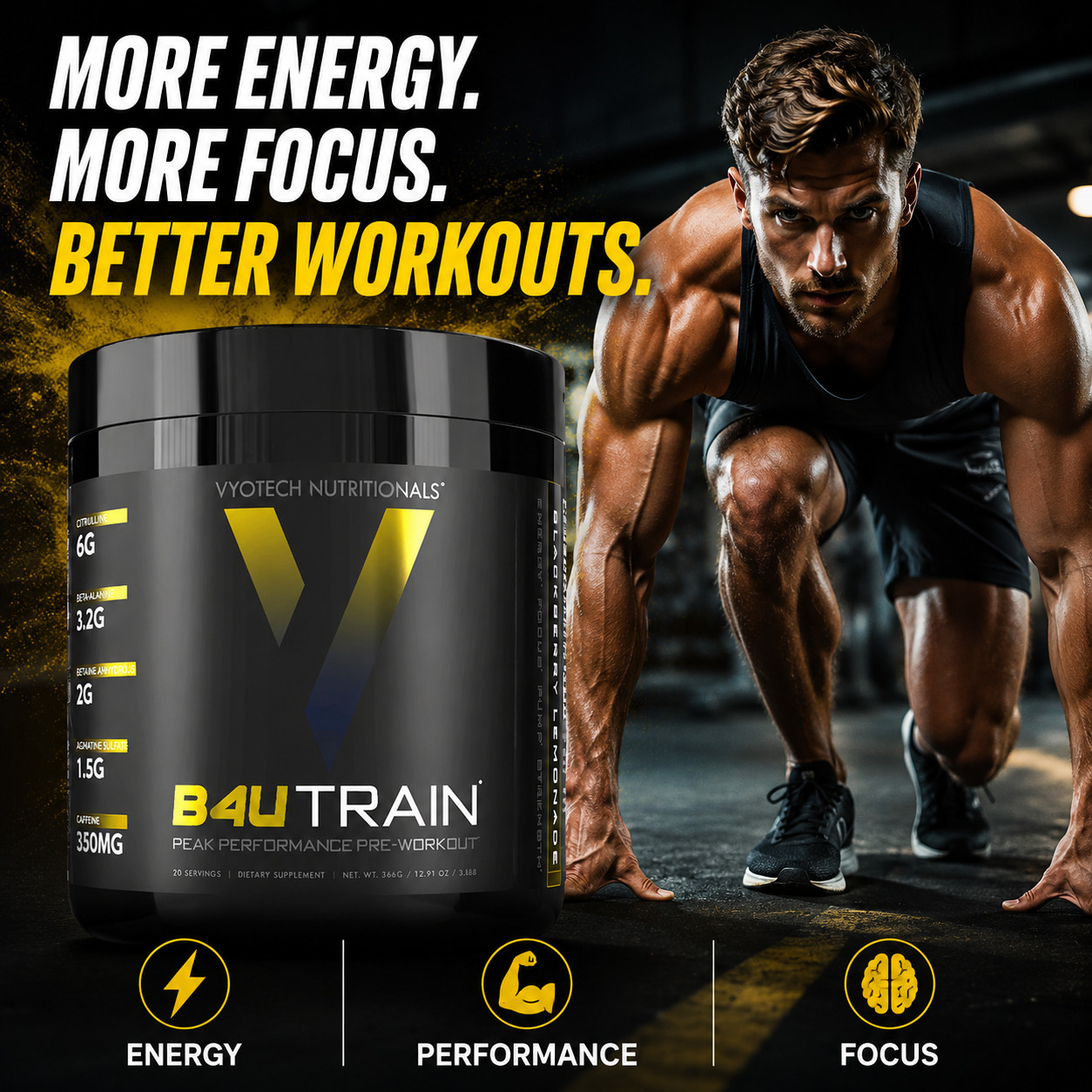 Pre-Workout Muscle Pumps Focus Recovery Energy Endurance B4UTRAIN by Vyotech