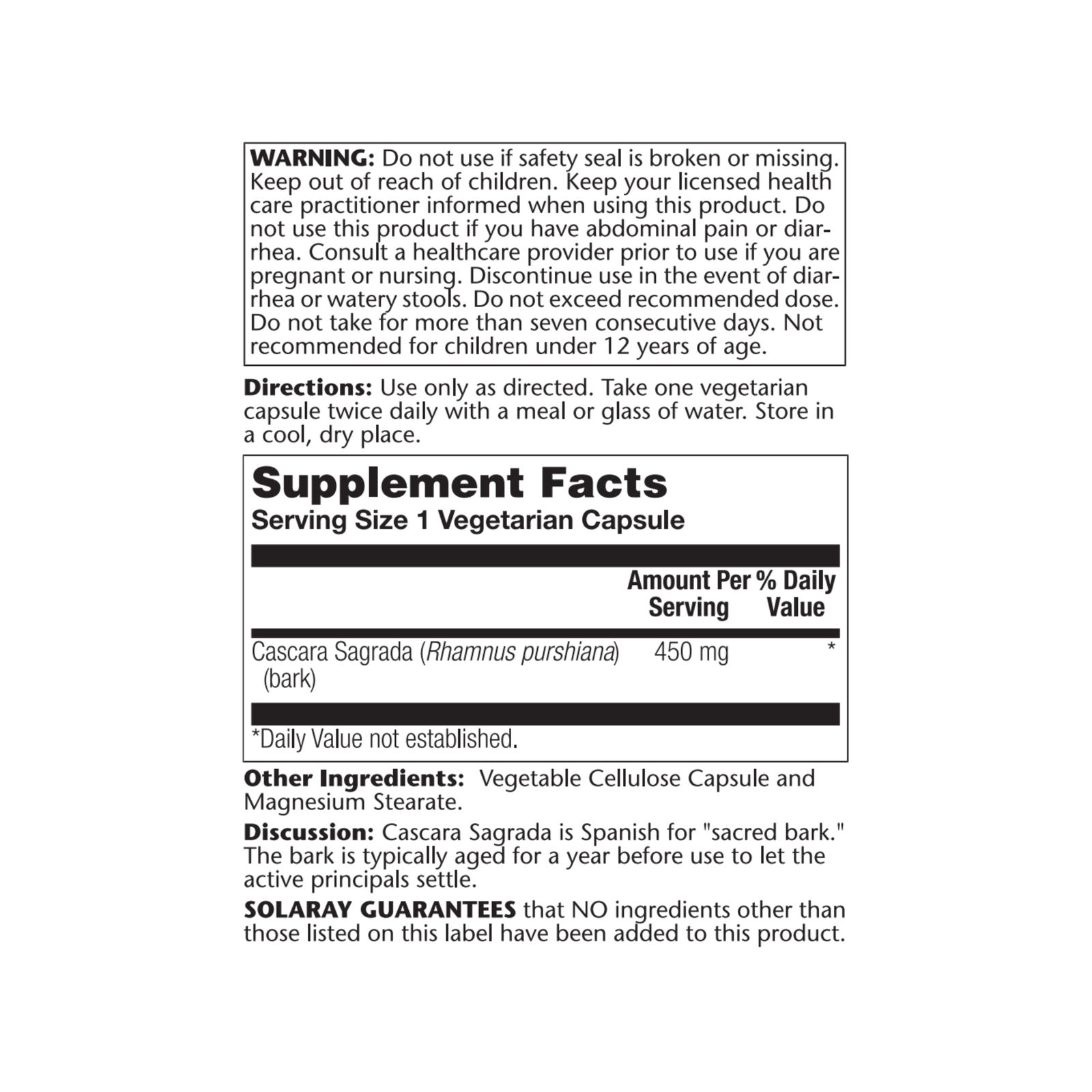 Solaray Cascara Sagrada Capsules 450 mg | 180 Count