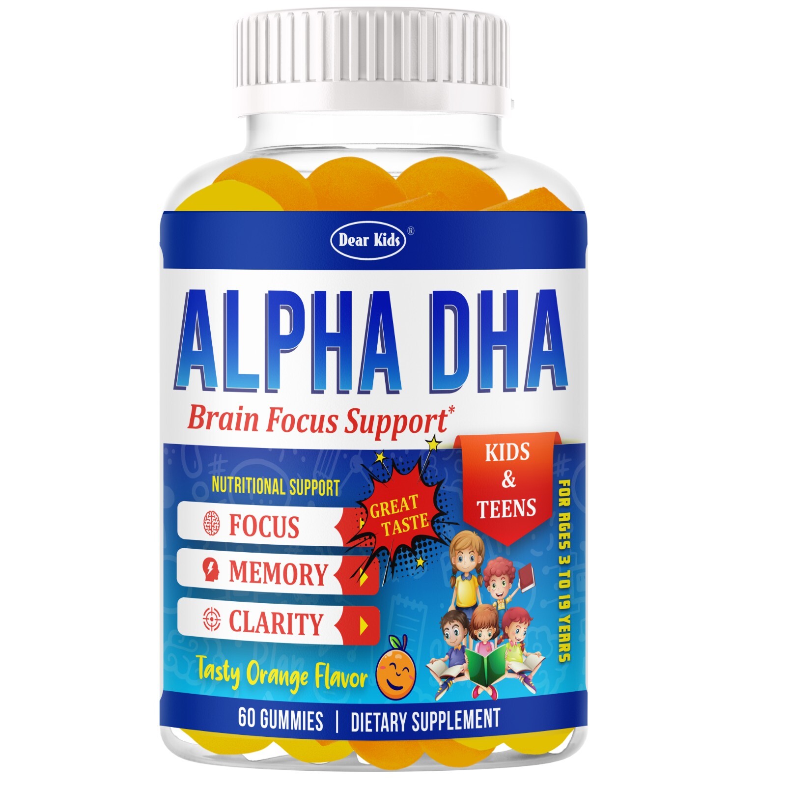 Brain Booster Memory Supplement Focus Gummies for Kids & Teens, Omega 3 & DHA 60