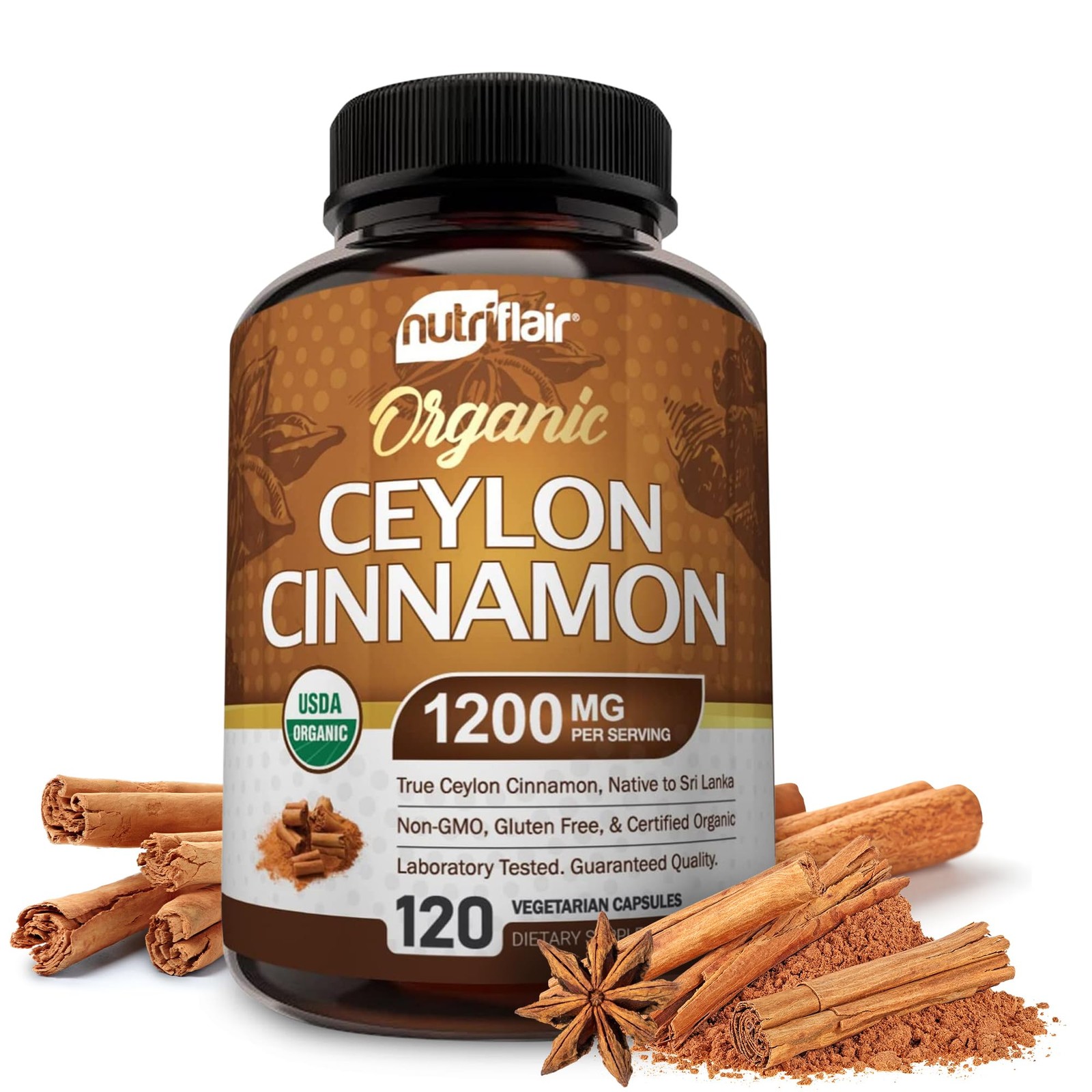 NutriFlair Organic Ceylon Cinnamon Supplement 1200mg, 120 Count (Pack of 1)