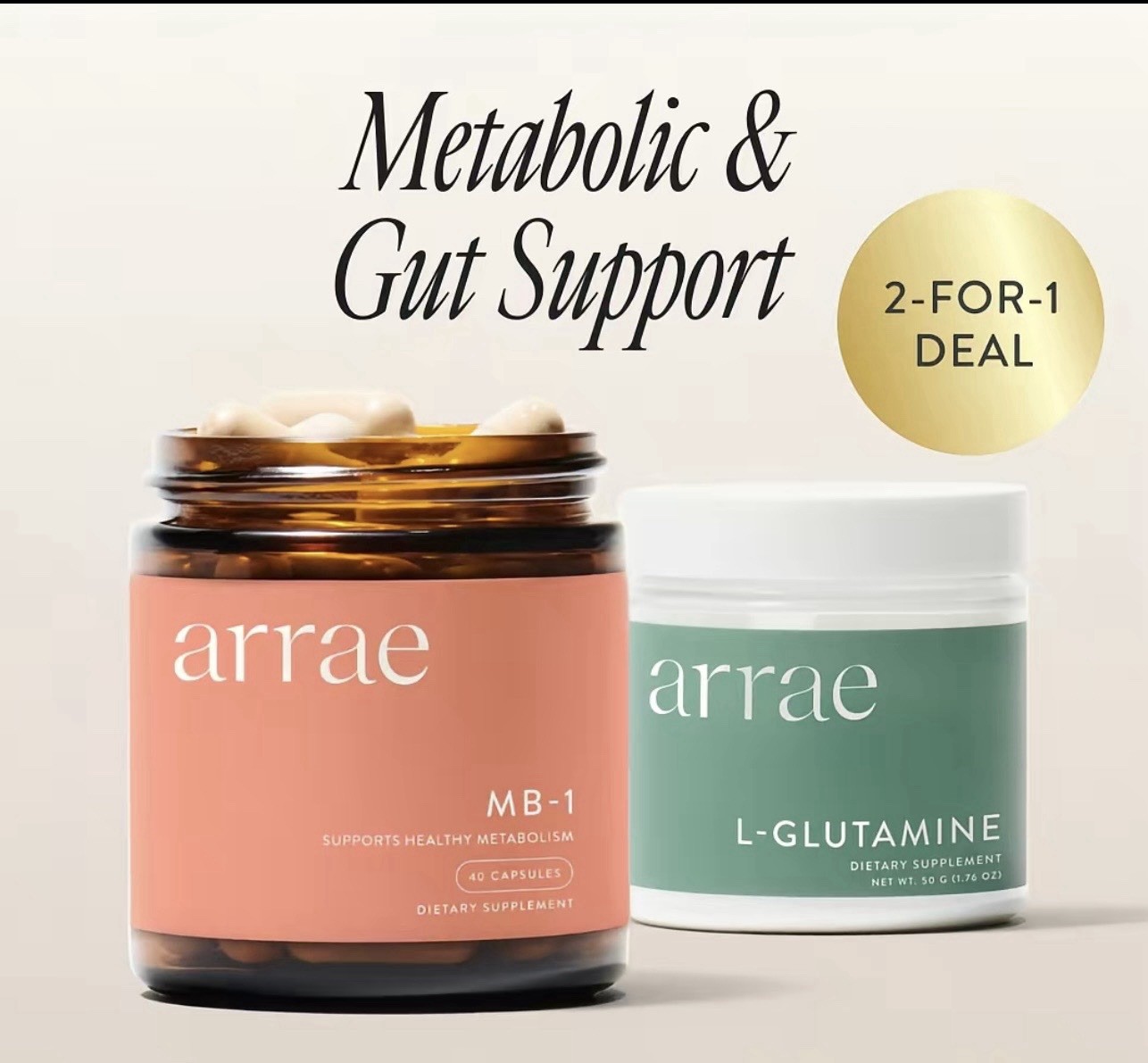 arrae MB-1 Capsules + L-Glutamine Powder Metabolic & Gut Support 1.76 oz