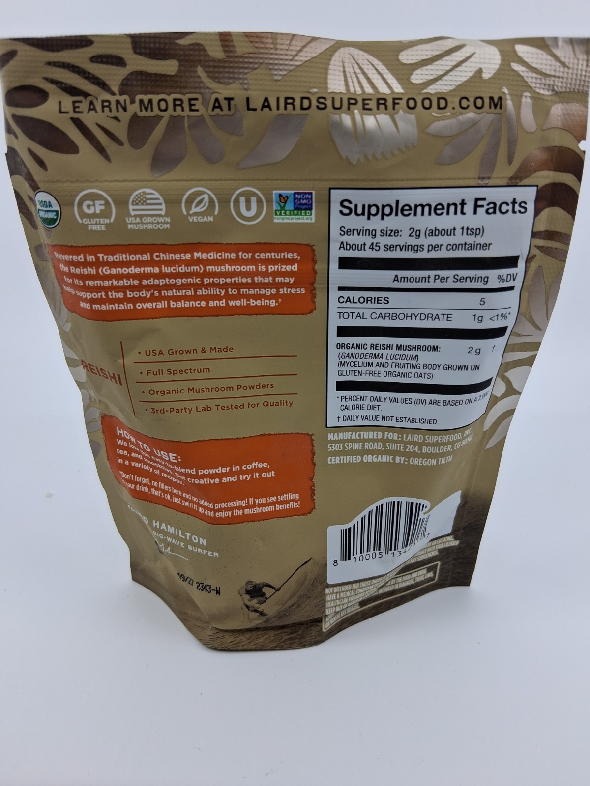 Laird Superfood Organic Reishi Mushroom Powder – 3.17 oz, 45 servings BB 4/2027