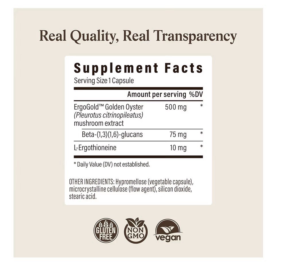 Real Mushrooms Ergo+ L-Ergothioneine Supplement Golden Oyster Mushroom 60Capsule