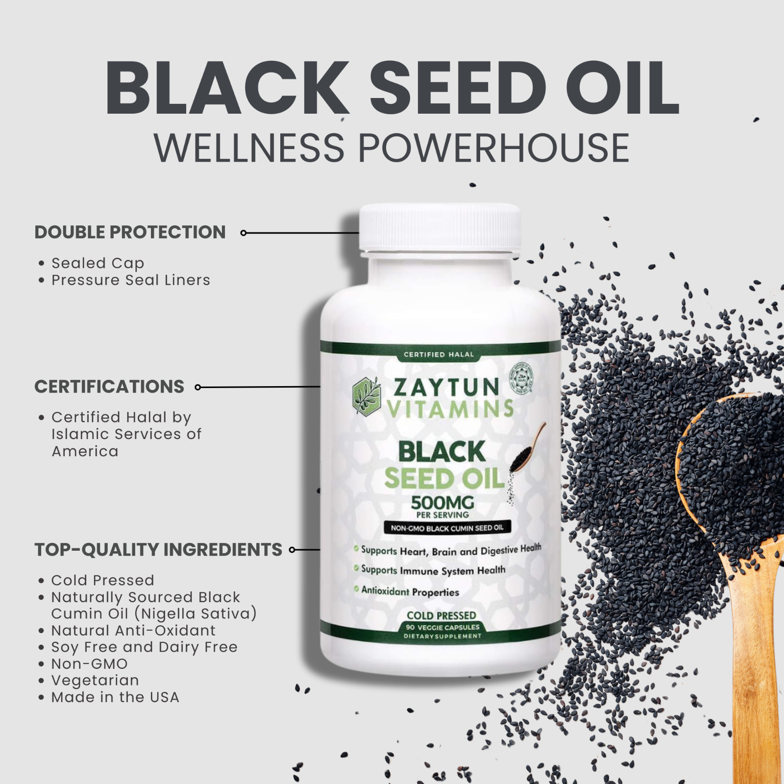 Zaytun Vitamins Halal Black Seed Oil Capsules, Premium Nigella Sativa, 90 Count