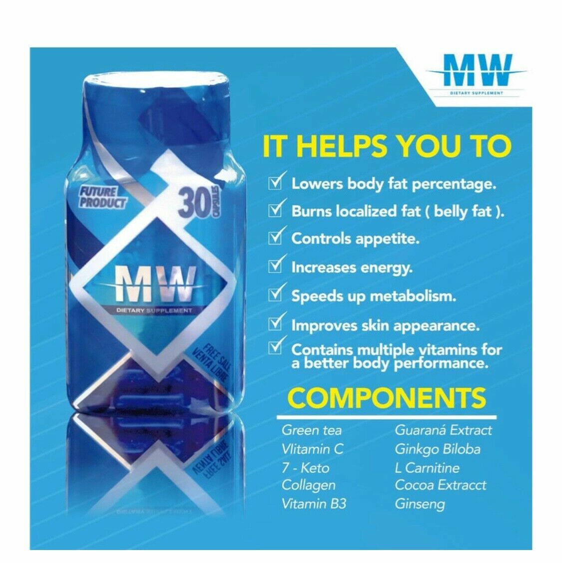 MW PILLS FAT BURNER GINKGO BILOBA CARNITINE 7-KETO GINSENG GREEN TEA VITAMIN C
