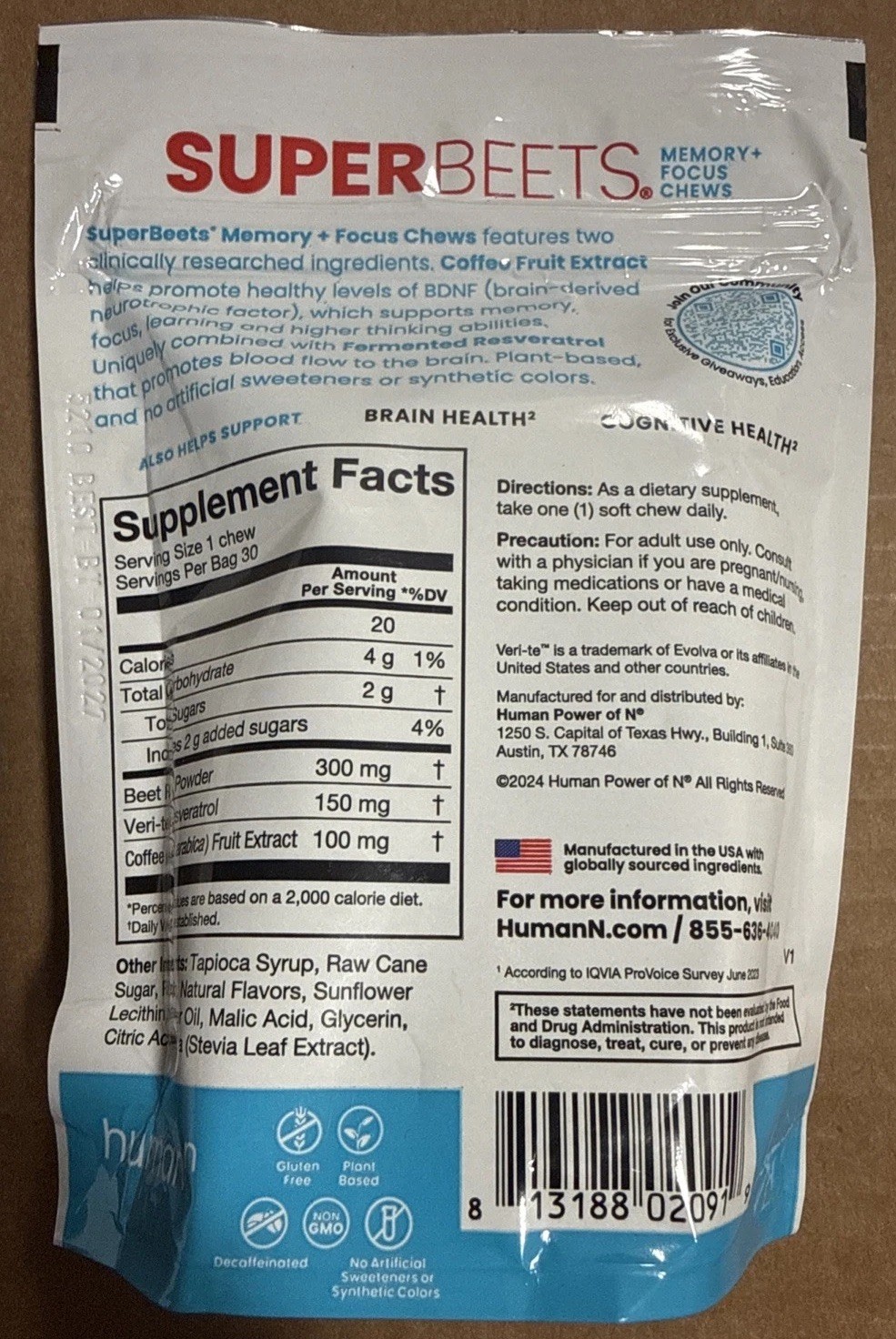 HumanN – SuperBeets Memory Focus Chews, 30 Chews, Blueberry Pomegranate Exp 1/27