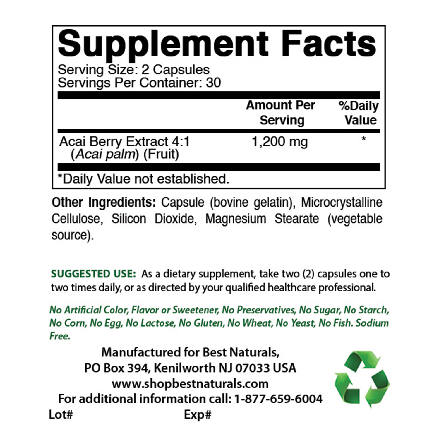 3 Packs Best Naturals Acai Berry Extract 600 mg 60 Capsuels Antioxidants