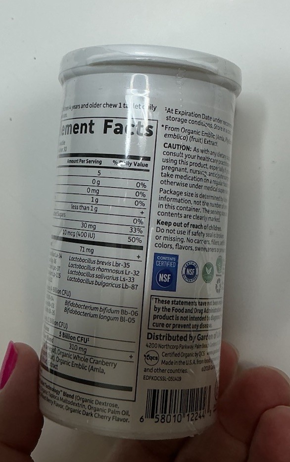 Garden of Life Kids’ 5 Billion CFU Probiotics Berry Chewable Supplement 6-26 Exp