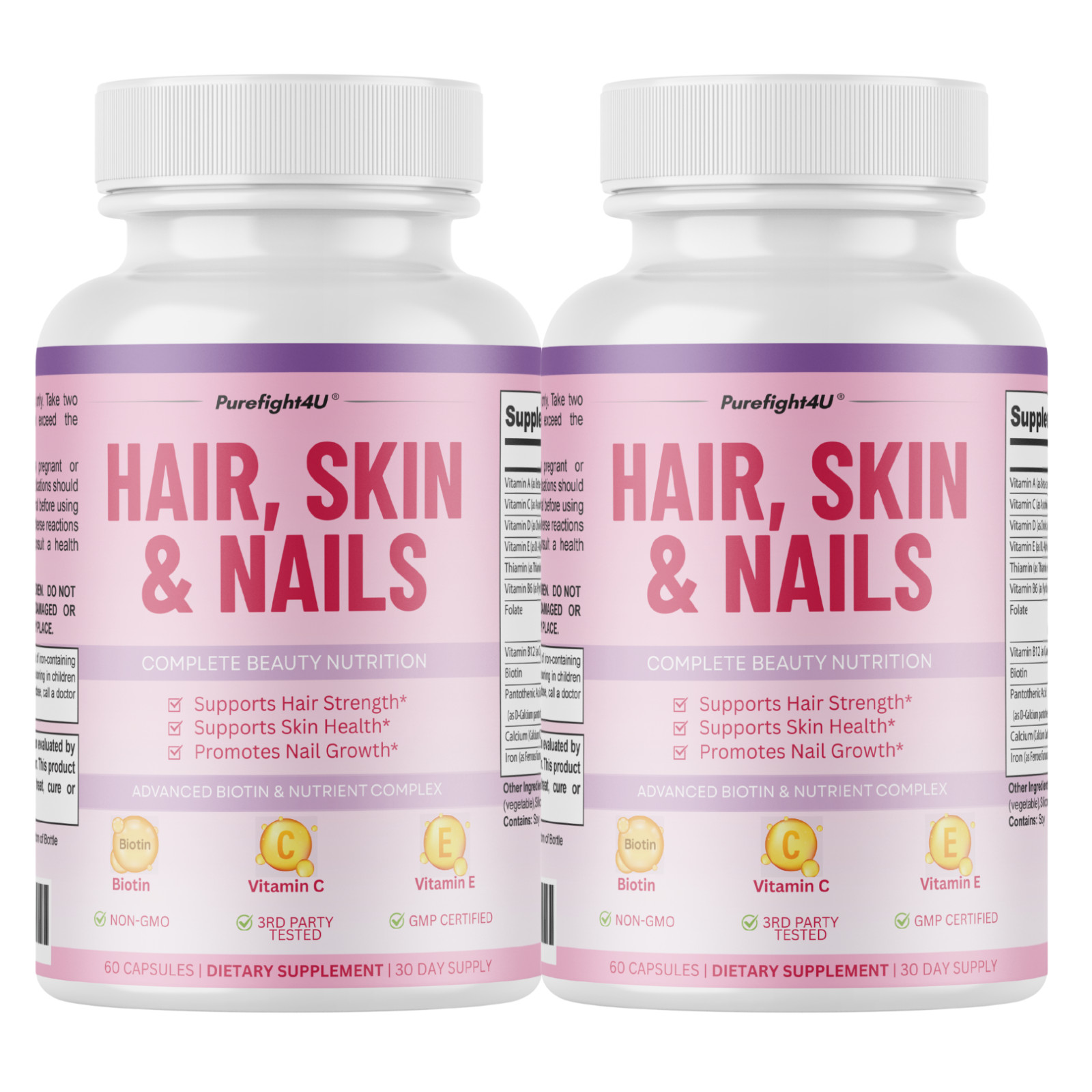 Purefight4u Hair, Skin & Nails Supports Healthy Hair Growth wBiotin – 2 Bottles