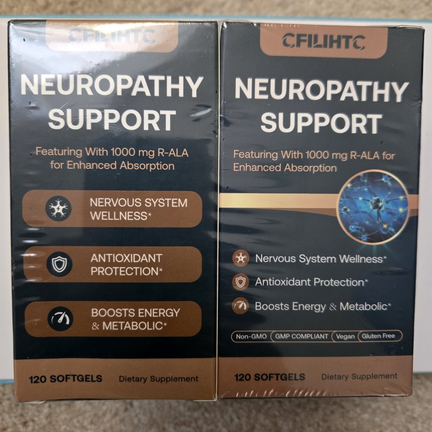2-Pack Neuropathy Support Alpha Lipoic Acid Benfotiamine NAC B-Complex 120 Each
