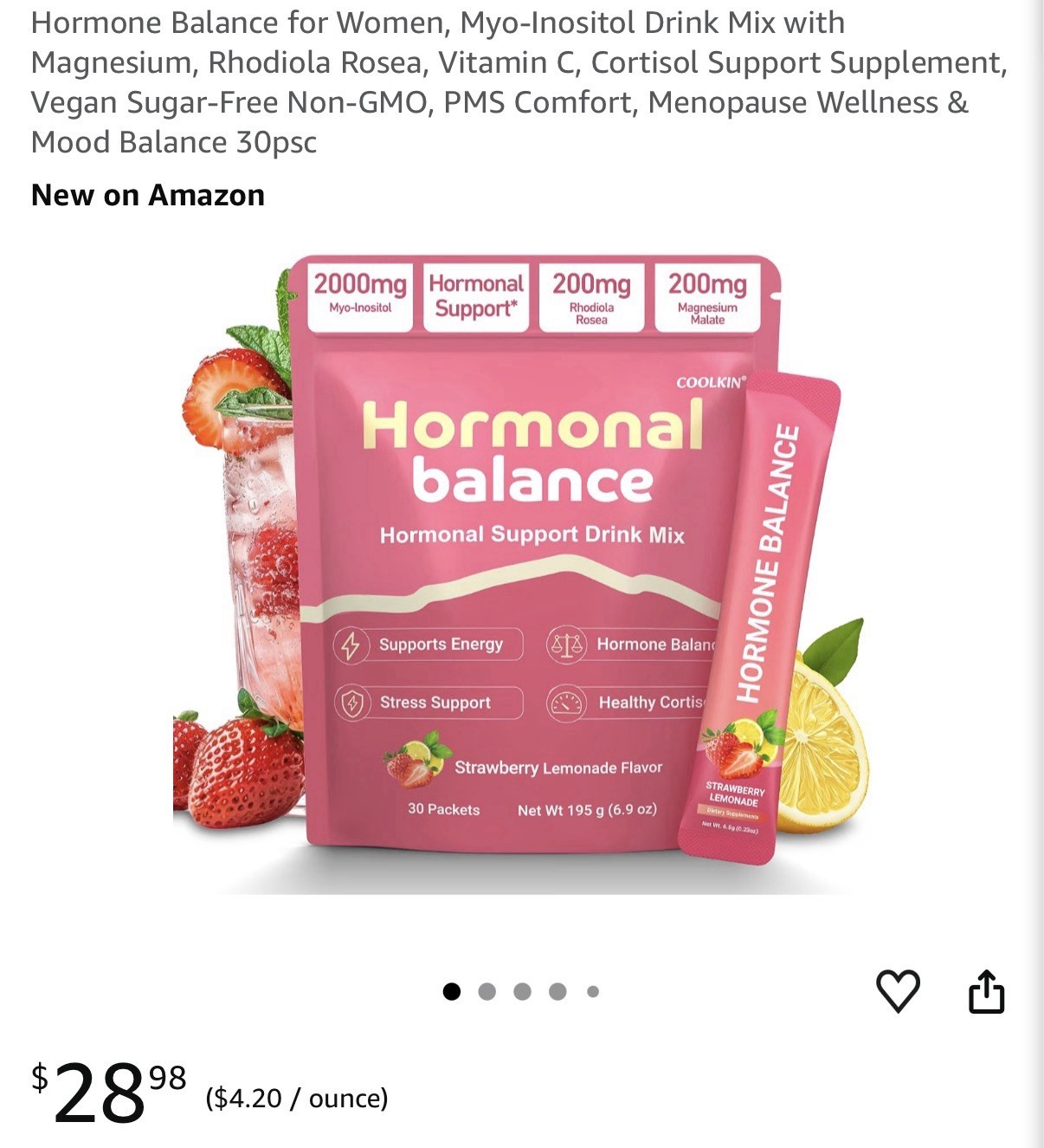 COOLKIN Hormonal Support Drink Mix Strawberry Lemonade 30ct 195g Vegan