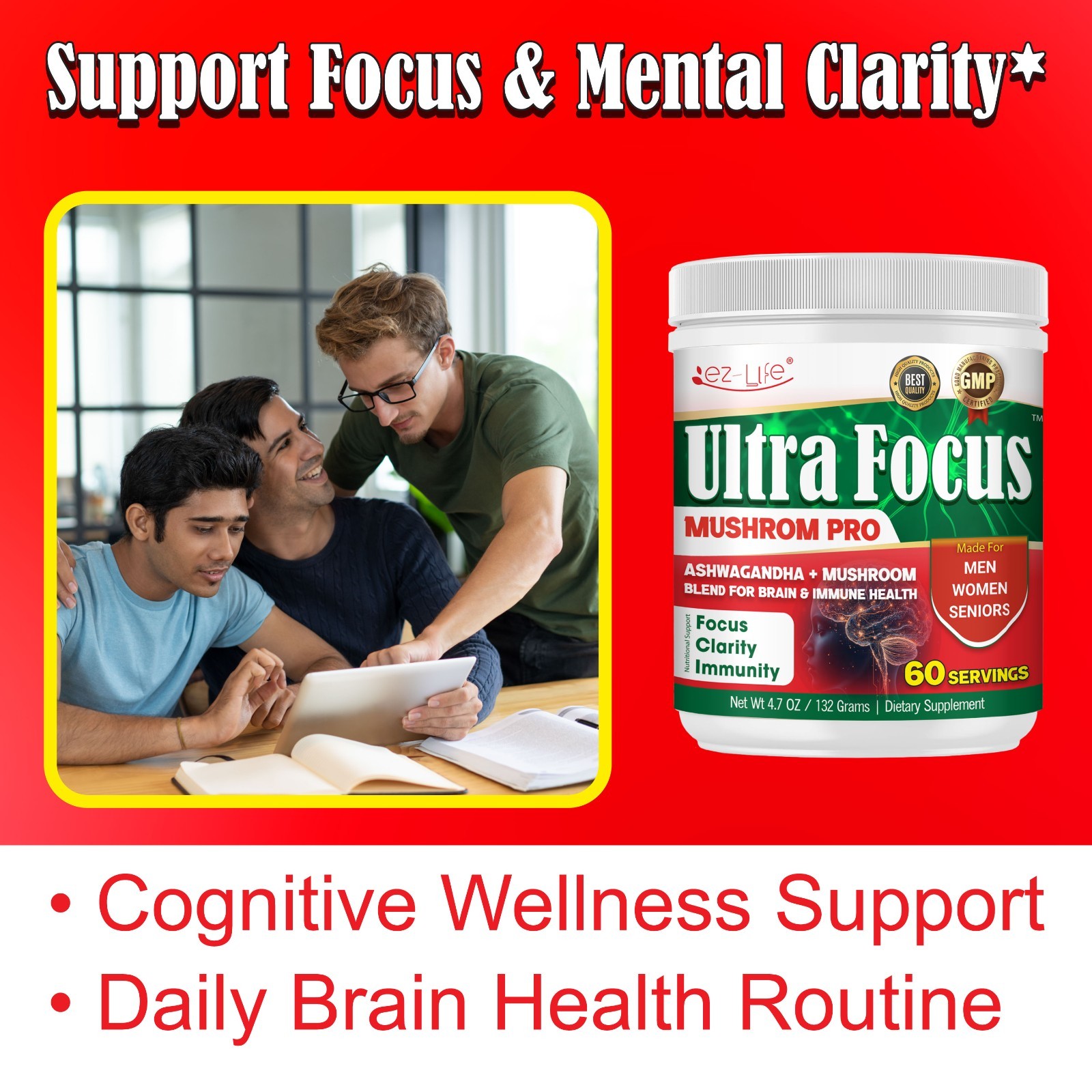 Organic Mushroom Powder For Energy, Focus & Immunity, Drink Mix- 60 Servings