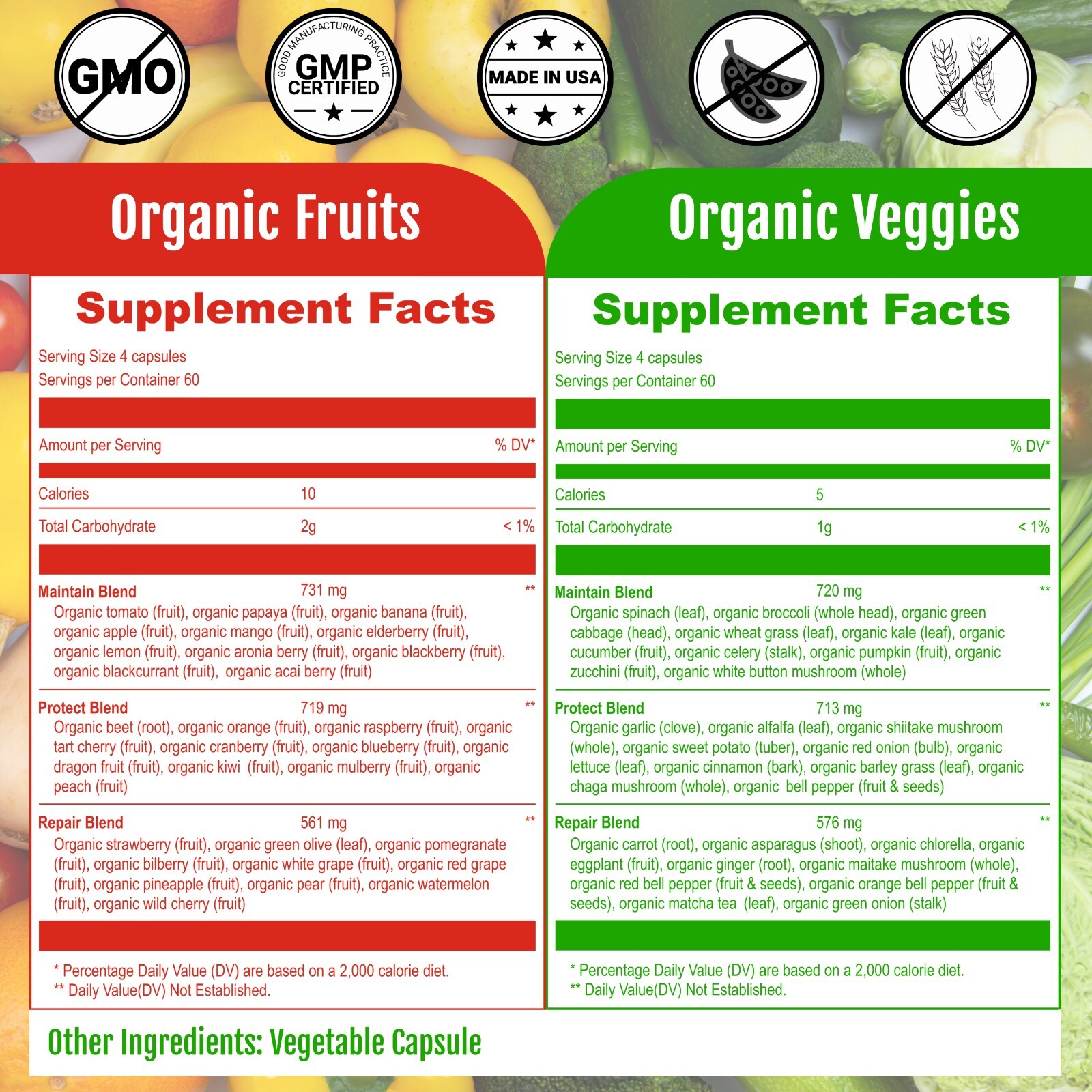 Organic Fruits and Veggies Supplement – 480 Vegan Fruits and Vegetable Capsules