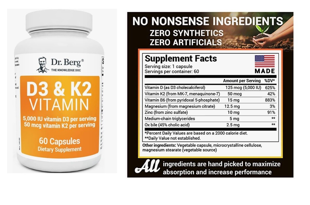 Dr Berg Vitamin D3 K2 With MCT Oil Includes 5,000 IU of Vitamin D3, Easy Absorb