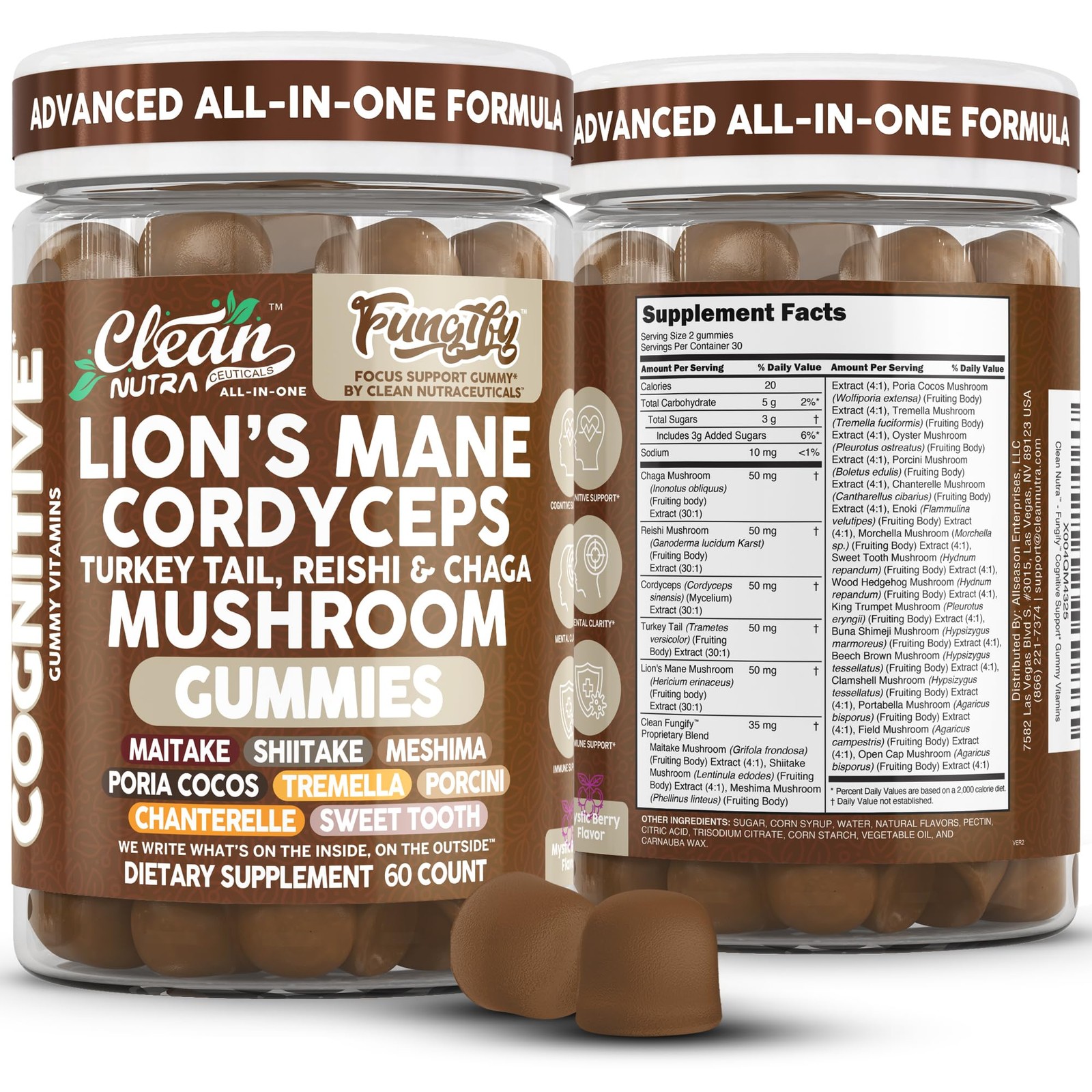 Clean Nutra Lions Mane Mushroom Gummies Cordyceps 60 Count (Pack of 1), Brown