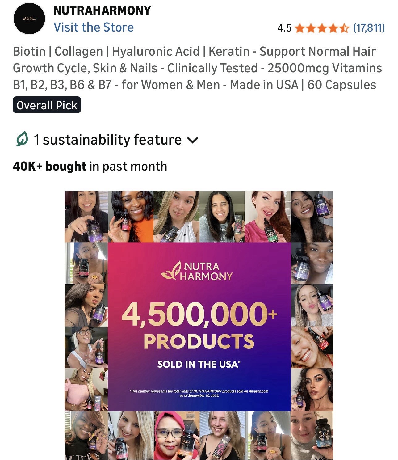 NutraHarmony Biotin Collagen Keratin Hyaluronic Acid 25000mcg 60 Capsules