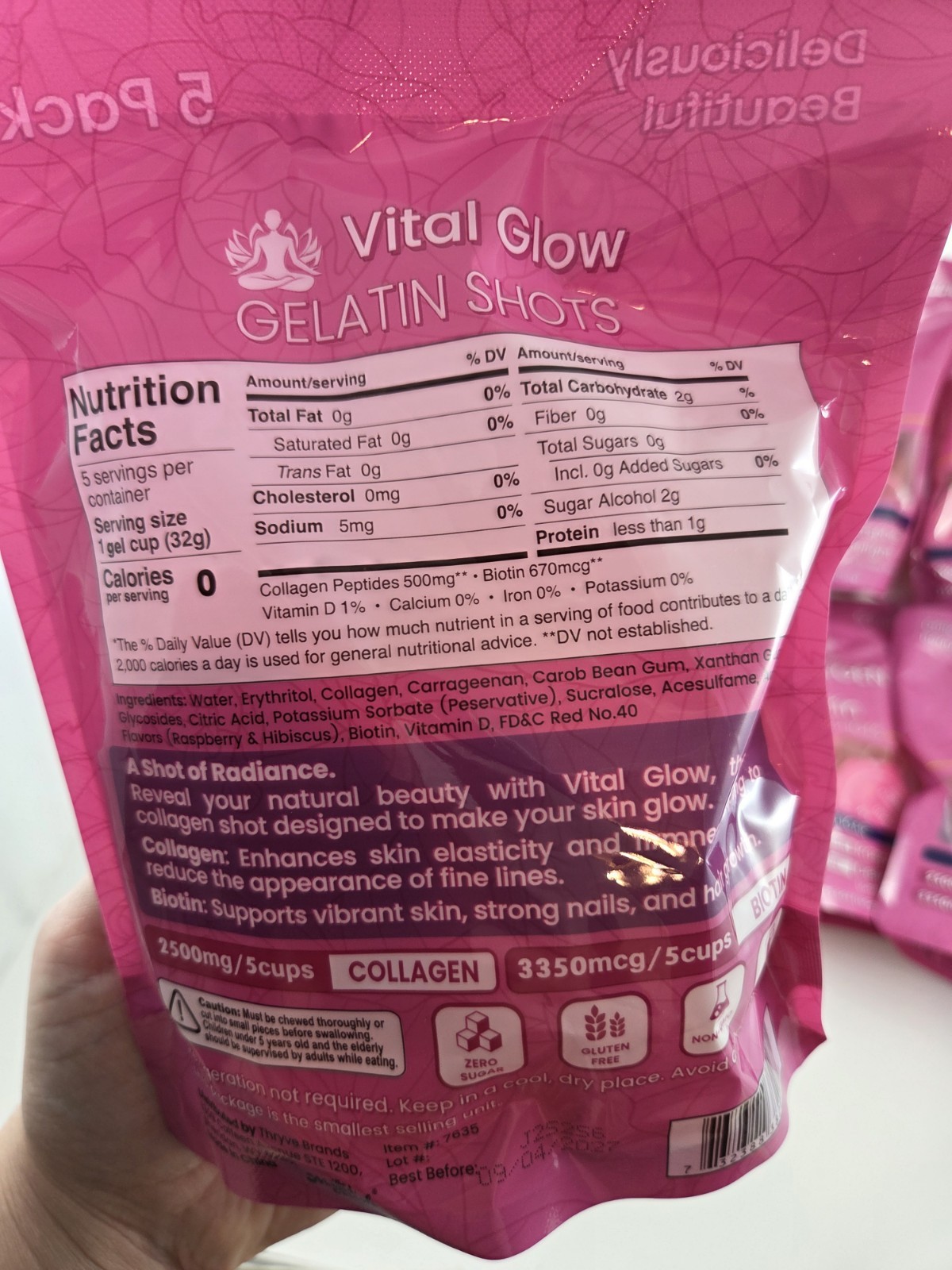 Lot Of 8 Vital Glow Collagen + Biotin Gelatin Shots 5 Pack Raspberry Zero Sugar