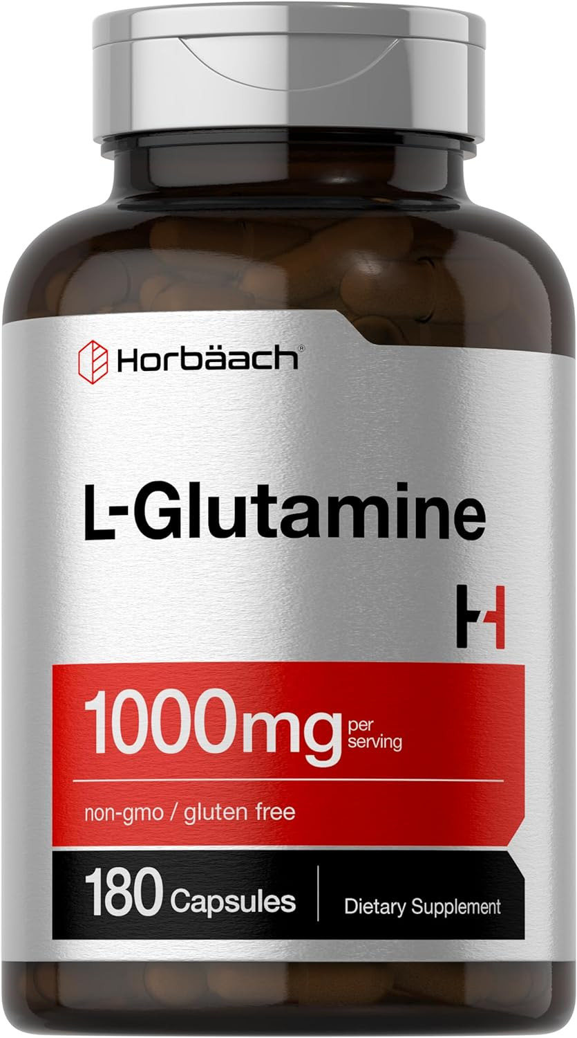 L-Glutamine Capsules 1000mg, 180 Count, Pre and Post Workout Supplement Horbaach