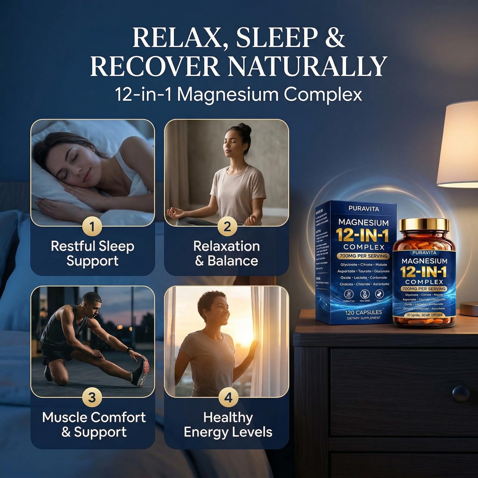Puravita Magnesium Complex, Puravita 12 in 1 Magnesium Supplement 700mg with Gly