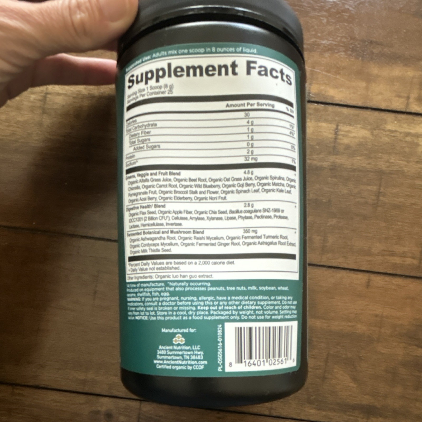 Ancient Nutrition Organic Super Greens Powder Spirulina Matcha Reishi 7.05 oz