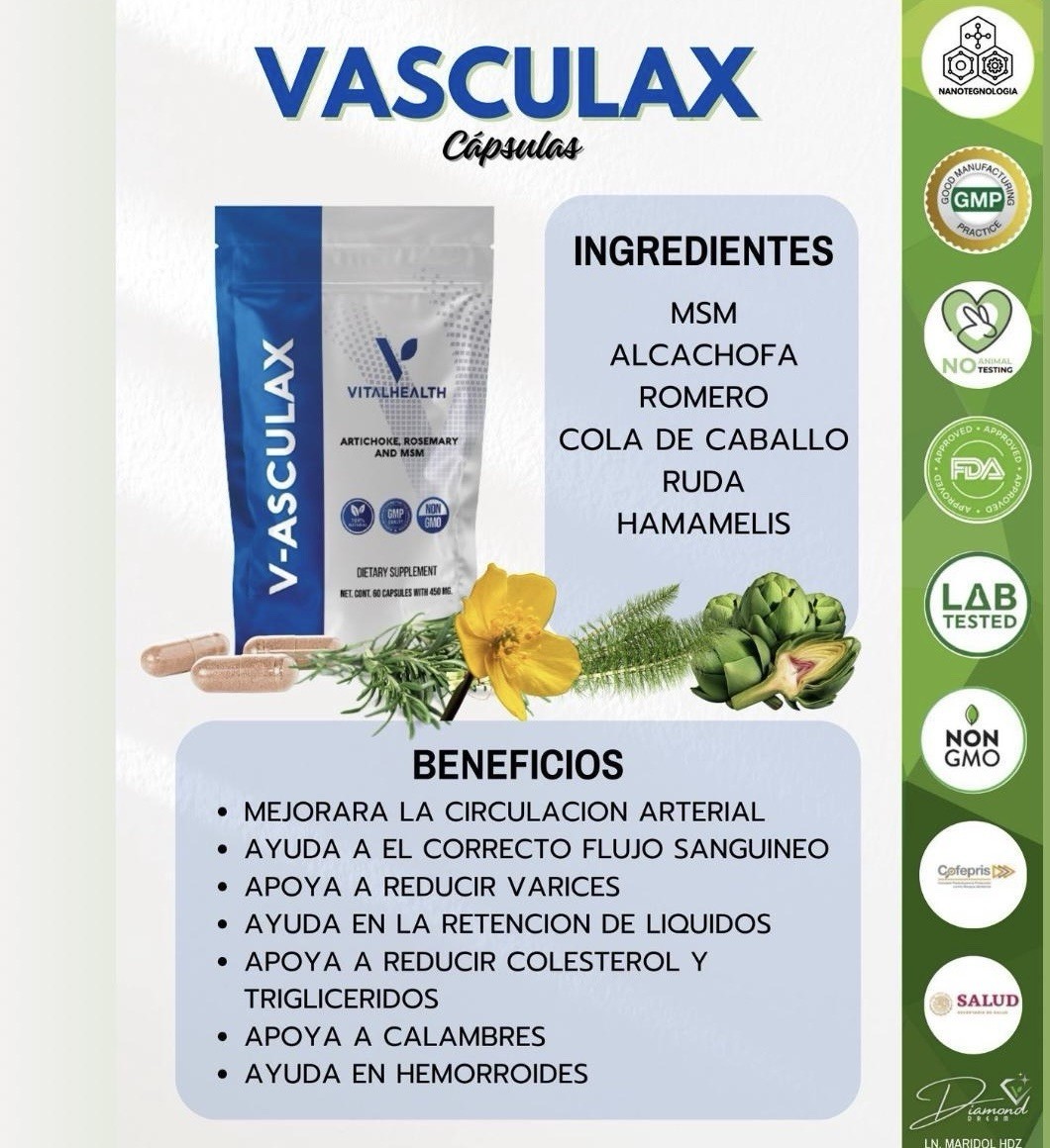 Vital Health V-ASCULAX 60 Capsules w/ Artichoke, Rosemary, MSM EXP 2/2027