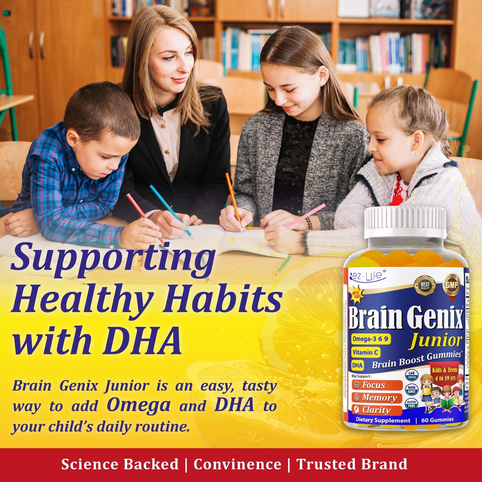 Brain Booster Focus Kids &Teens Gummies, Omega 3 DHA Memory Supplement 60Ct