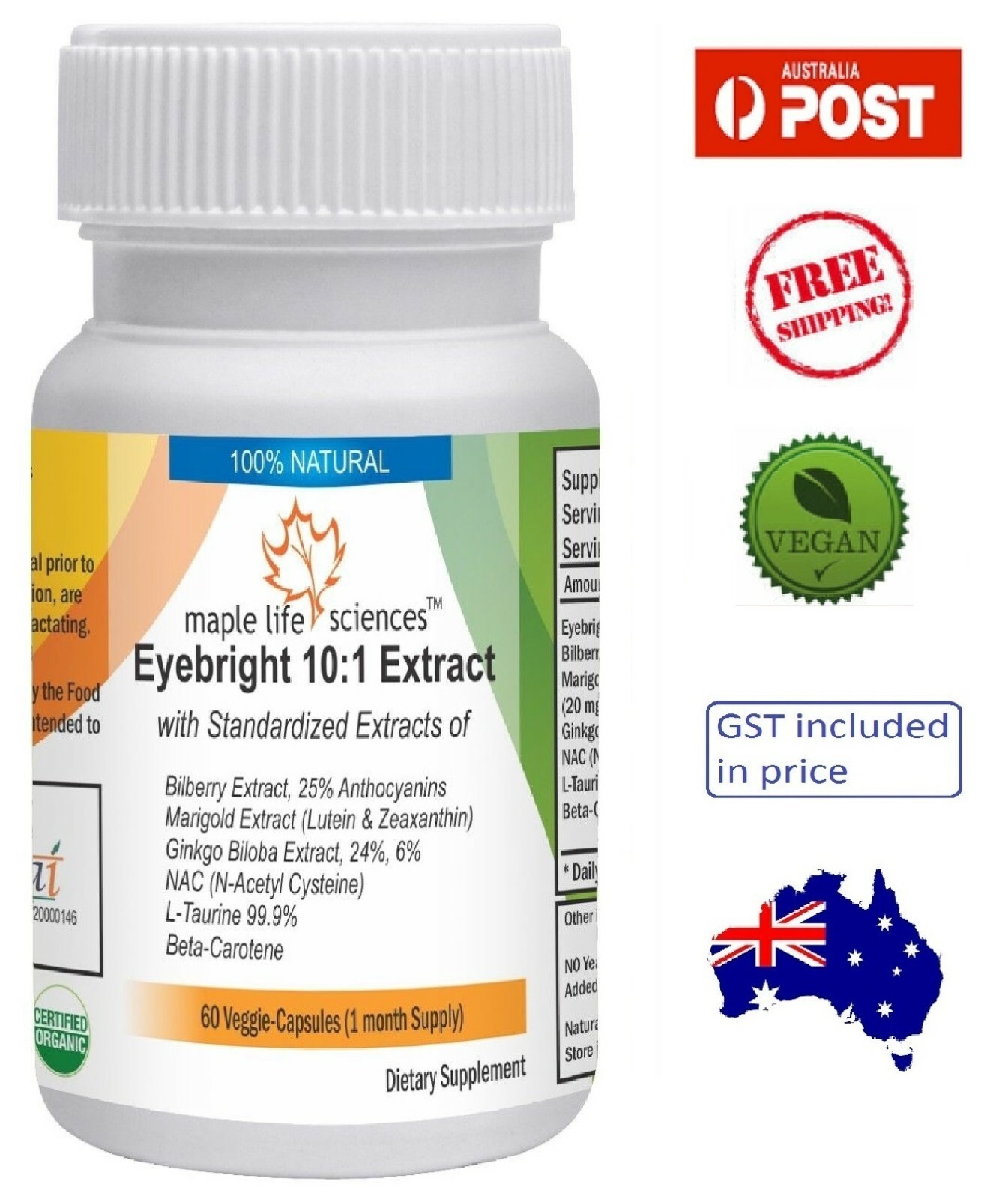 Eyebright with Bilberry, Marigold, Ginkgo, NAC, L-Taurine, Carotene – AU Stock