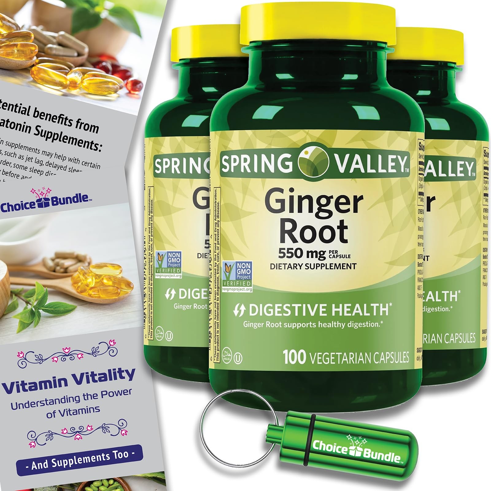 Spring Valley Ginger Root 550mg 300 Caps (3 Pk 100ct) + Vitality Vitamin & Case