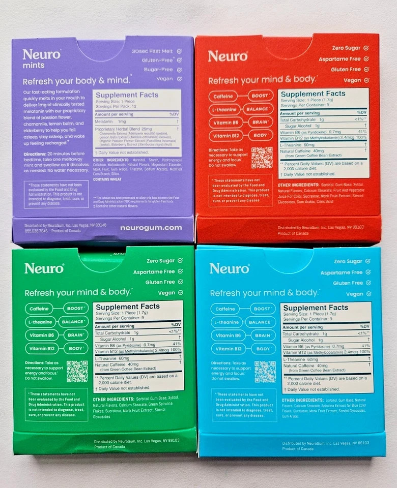 4 PK Neuro Gum Variety Sampler L-theanine B-12, B-6, Caffeine Energy Focus Sleep