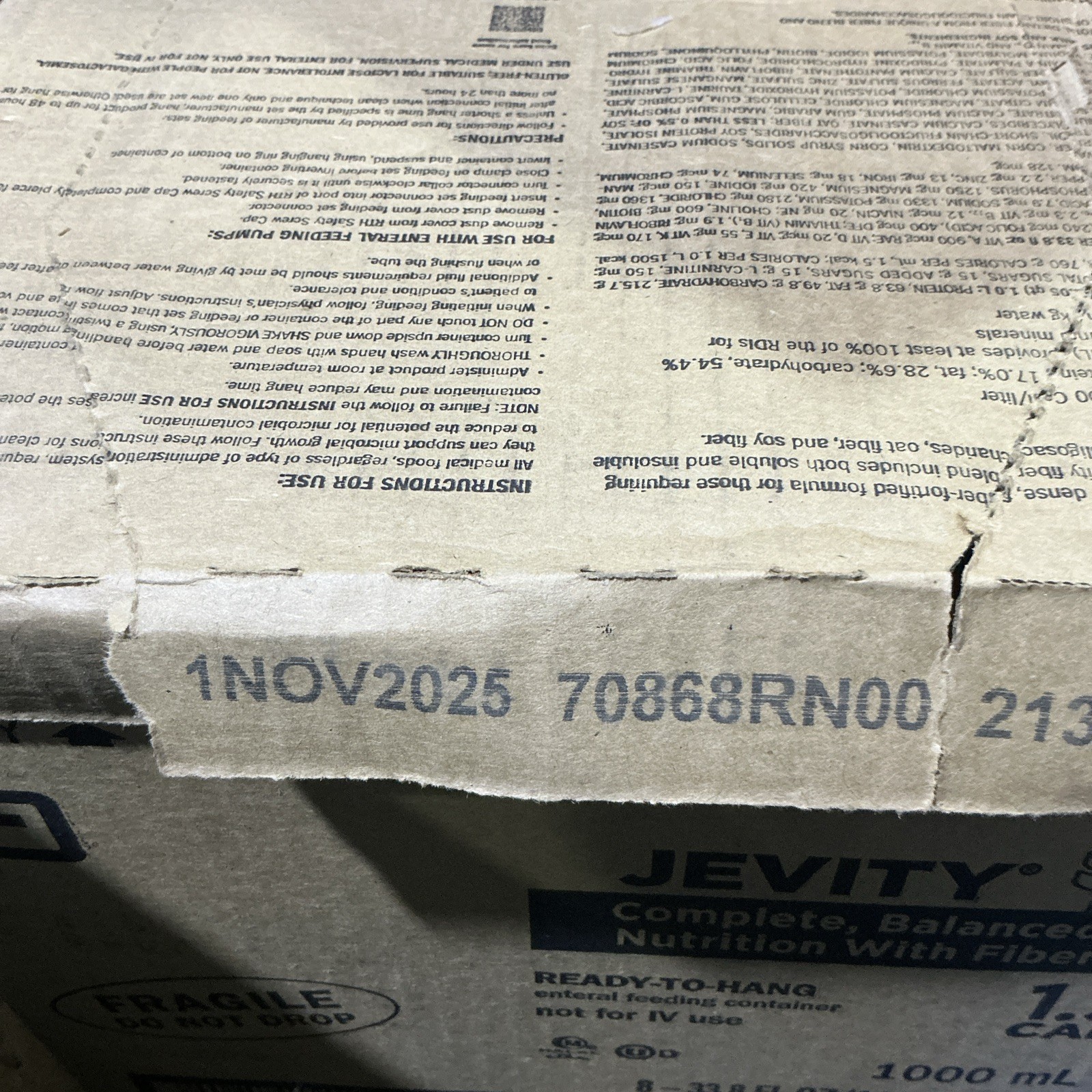 Case of 8 JEVITY 1.5 CAL 1000ML Ready-To-Hang, 62681, Exp 11-1-2025.