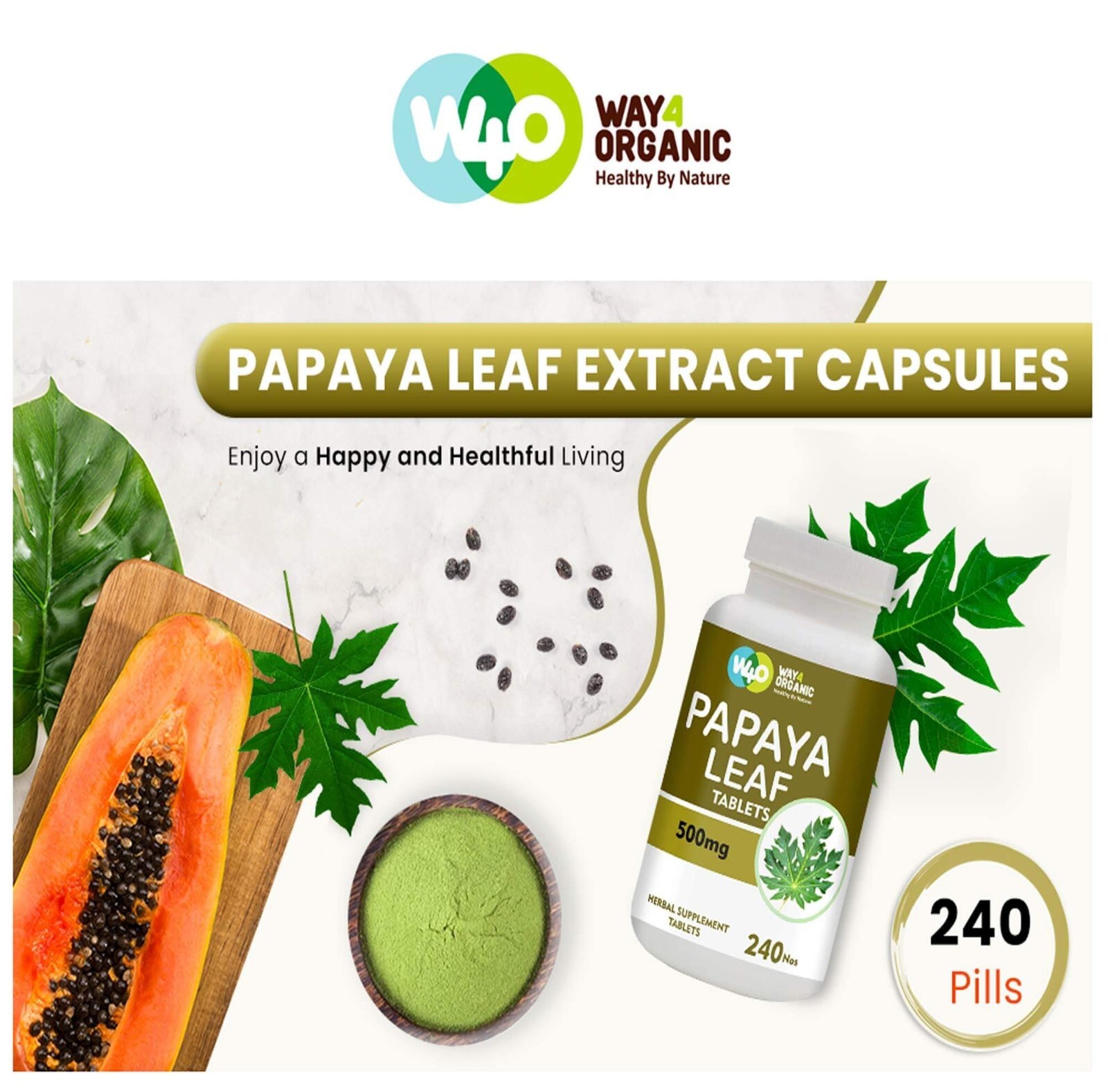 Papaya Leaf Extract Capsules (Tablets) – 240 Pills, 120 Servings, 1000mg(1 Pack)