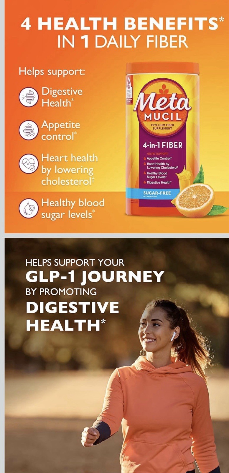 Metamucil 4-in-1 Fiber Psyllium Husk Powder Sugar-Free Orange 36.8oz