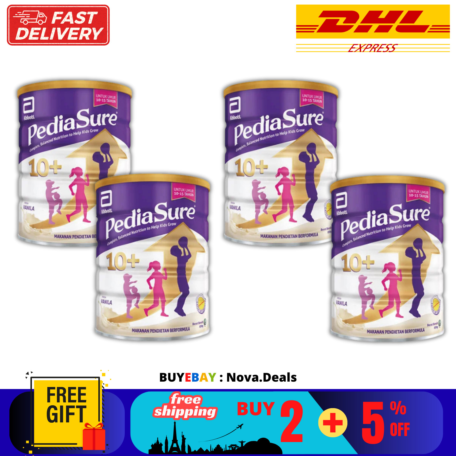 4 X Abbott Pedia Sure Optiheight Increase Height Kids 10-15 Yrs Old Vanilla 850g