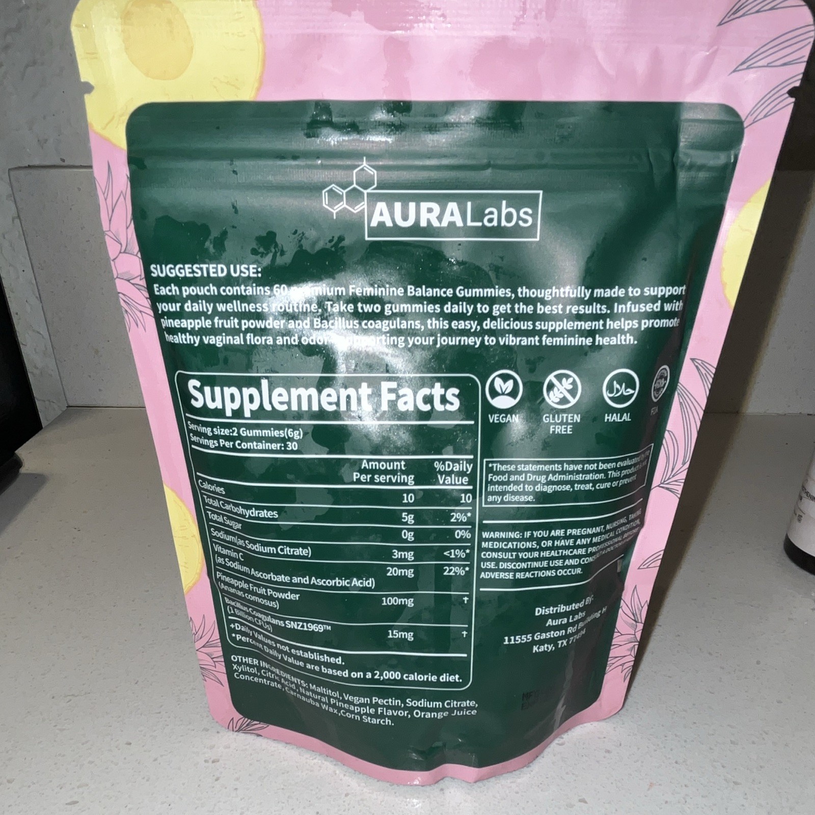 AURALabs Feminine Balance Gummies Hawaiian Pineapple 60 Count Vegan Halal
