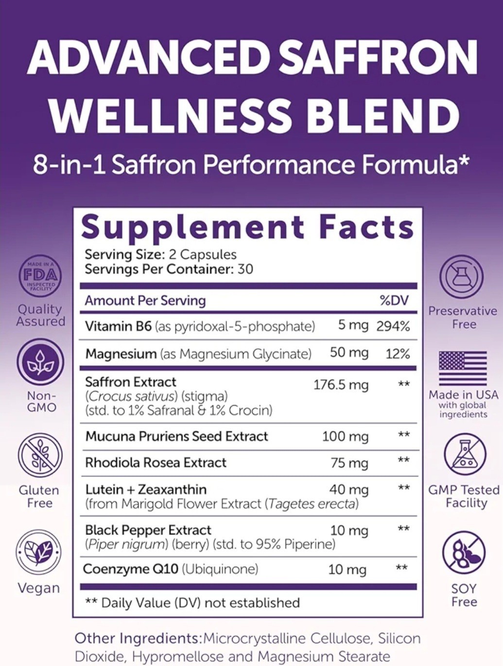 Lunakai USA Made Saffron Blend Extra Strength Supplements 8-in-1 Extract (60ct)