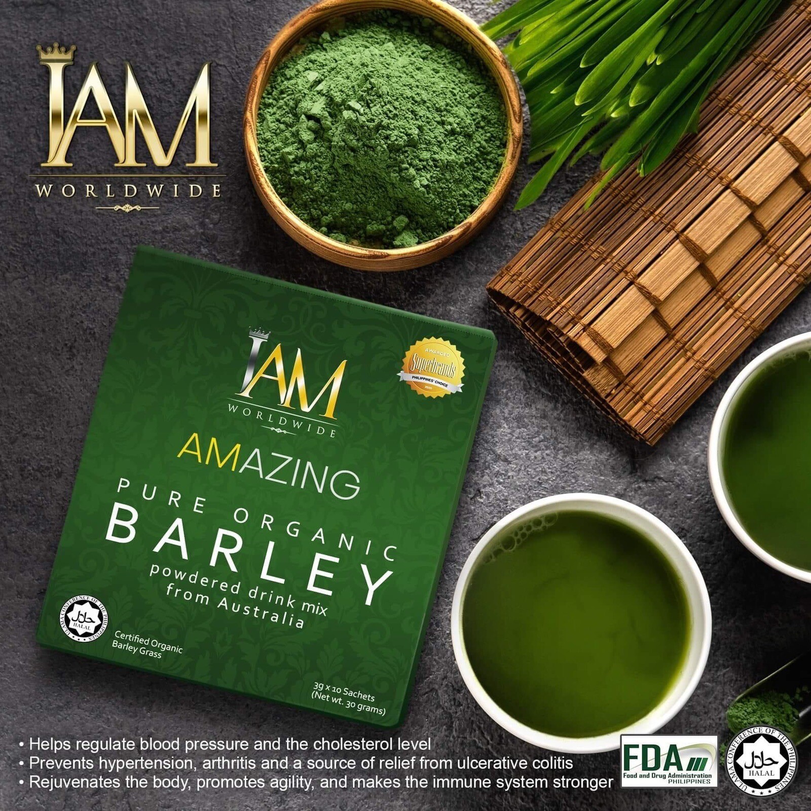 I Am Worldwide Amazing Pure Organic Barley Powdered Drink Mix 4 Boxes/40 Sachets