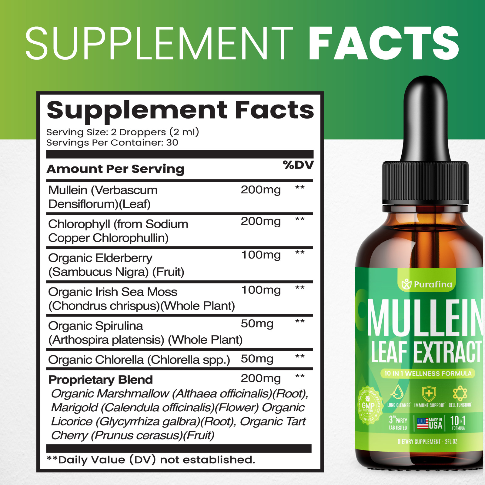 Mullein Leaf Drops For Lungs – 10 in 1 – Chlorophyll Sea Moss Elderberry (60ml)