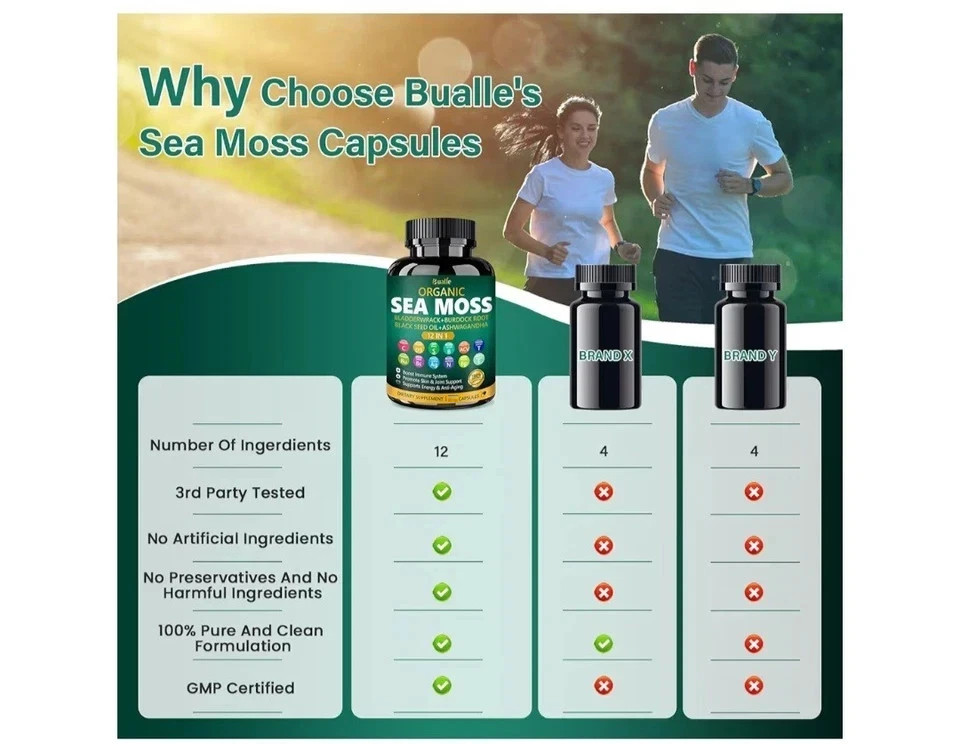 (1) Bualle Organic Sea Moss 12-in-1 Vitamin C D3 Bladderwrack 150 Capsules 8/27
