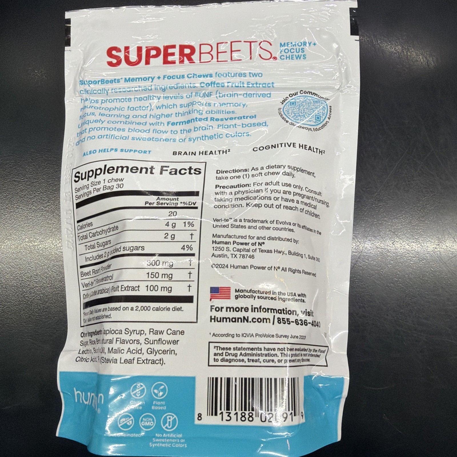 SuperBeets Chews 30 Count Brain Health Support Memory Focus Alertness Nootropic
