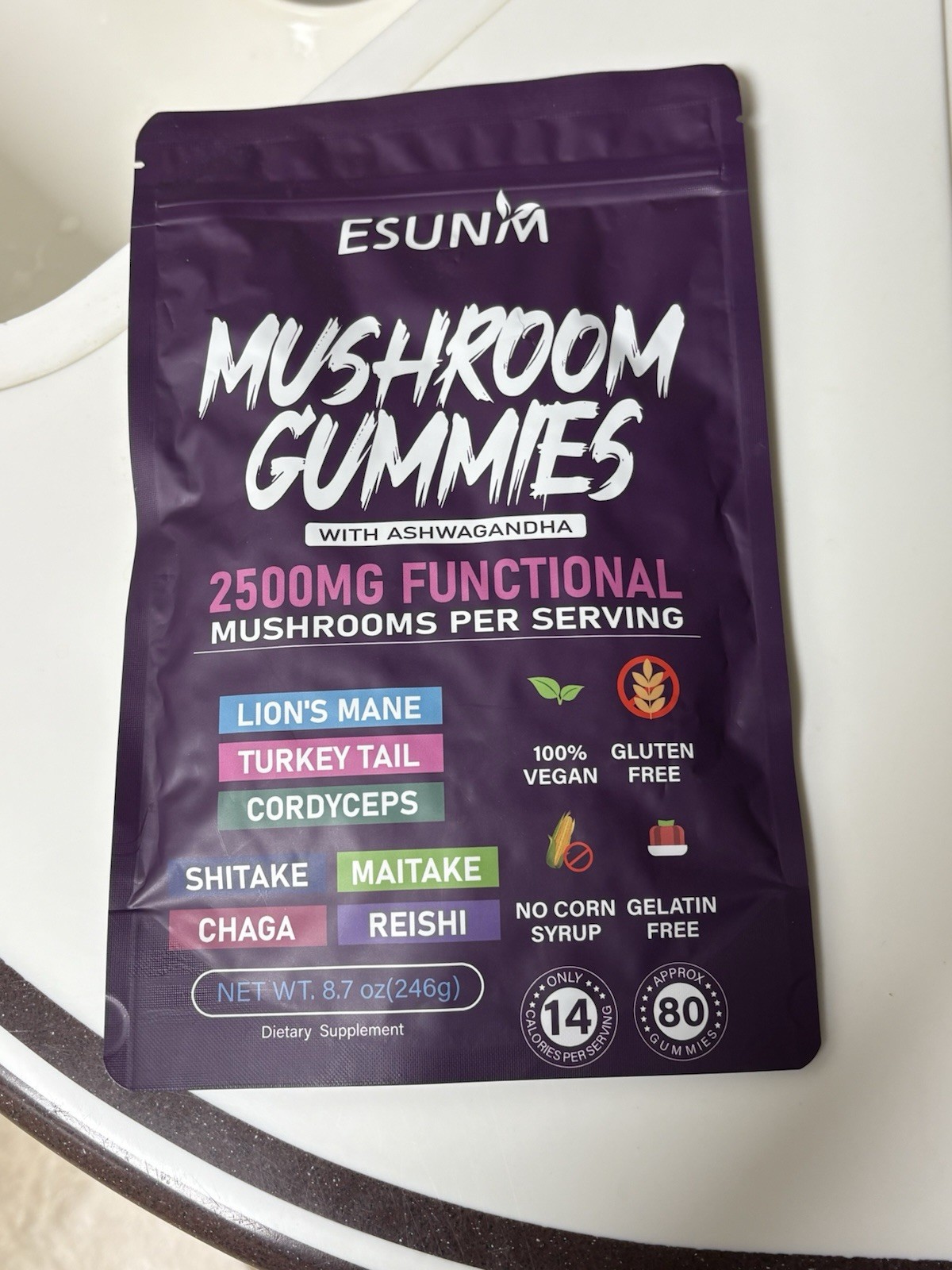 Esunm Mushroom Supplement Gummies Exp 12/26 Ashwagandha Approx 80 Count 2500MG