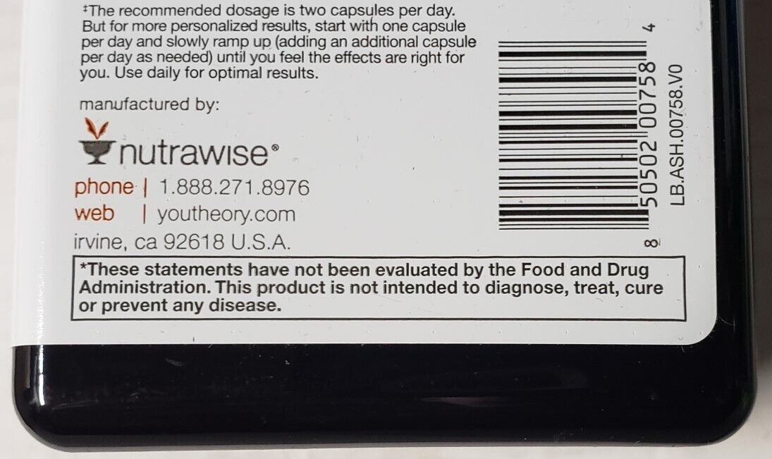 YOUTHEORY – ASHWAGANDHA – 60 Vegetarian Capsules – Calm & Clarity – Exp 12/2024