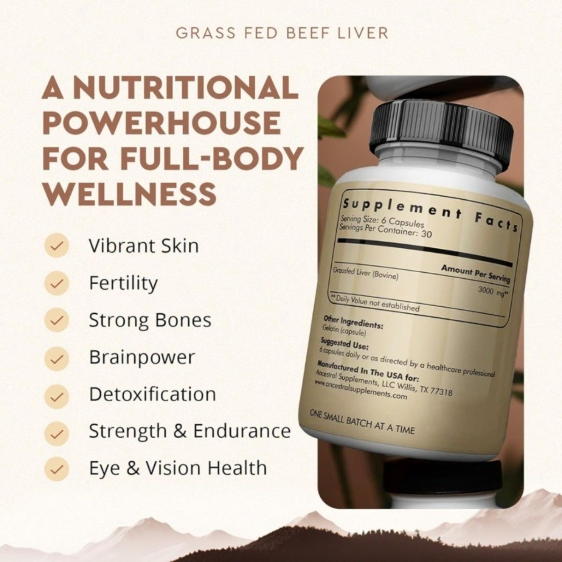 Ancestral Supplements Grassfed Beef Liver Capsule Pasture Raised 180ct Nutrition