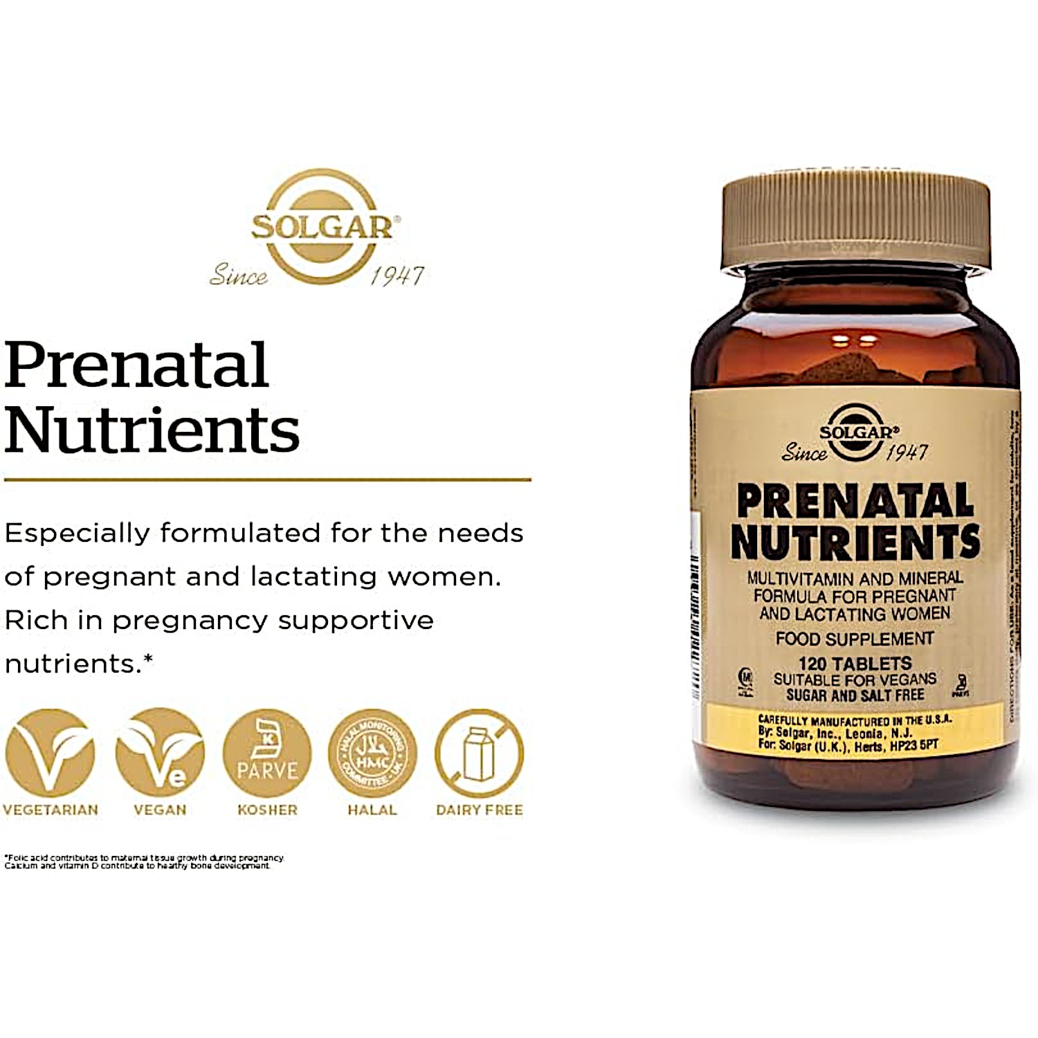 Solgar Prenatal Nutrients,Multivitamin&Mineral Formula 4 Women,120VegTabs